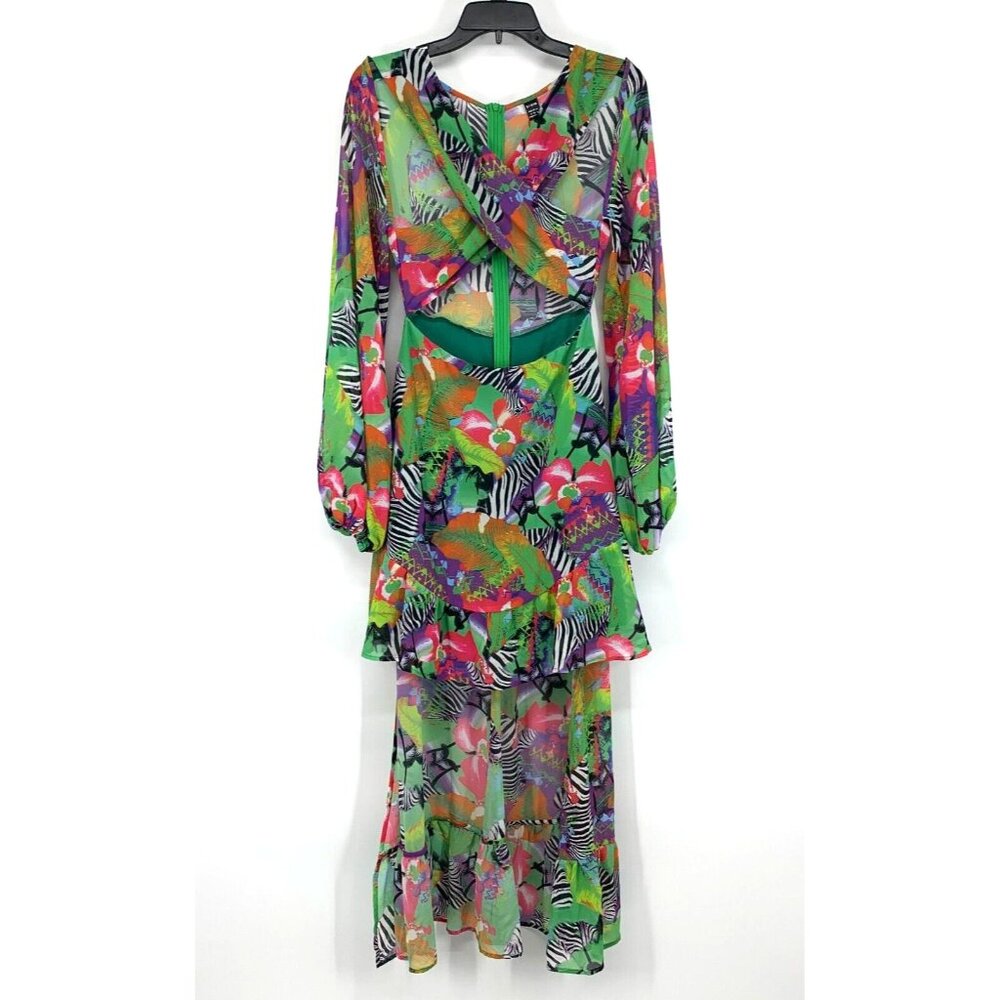 Shein Dress Maxi Hi Lo Cutout Green Tropical Print Long Sleeve NWT - Picture 5 of 16
